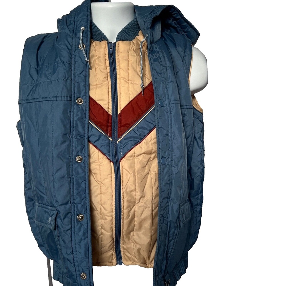 Vintage Mens High Impact Puffer Vest w 1/2 Liner Blue & Tan Size M Hood Snaps